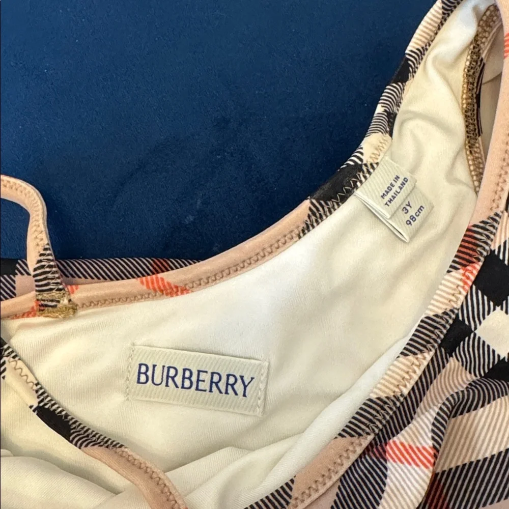 Burberry Girls Fern One-Shoulder Ruffle Swimsuit - Beige Plaid. Size 3T.